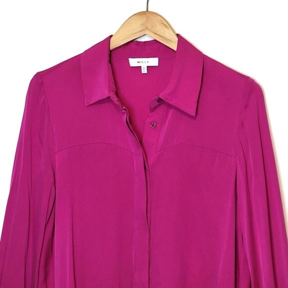 MILLY Silk Button Down Long Sleeve Fuchsia Pink Purple Blouse Size 10 - Picture 2 of 15